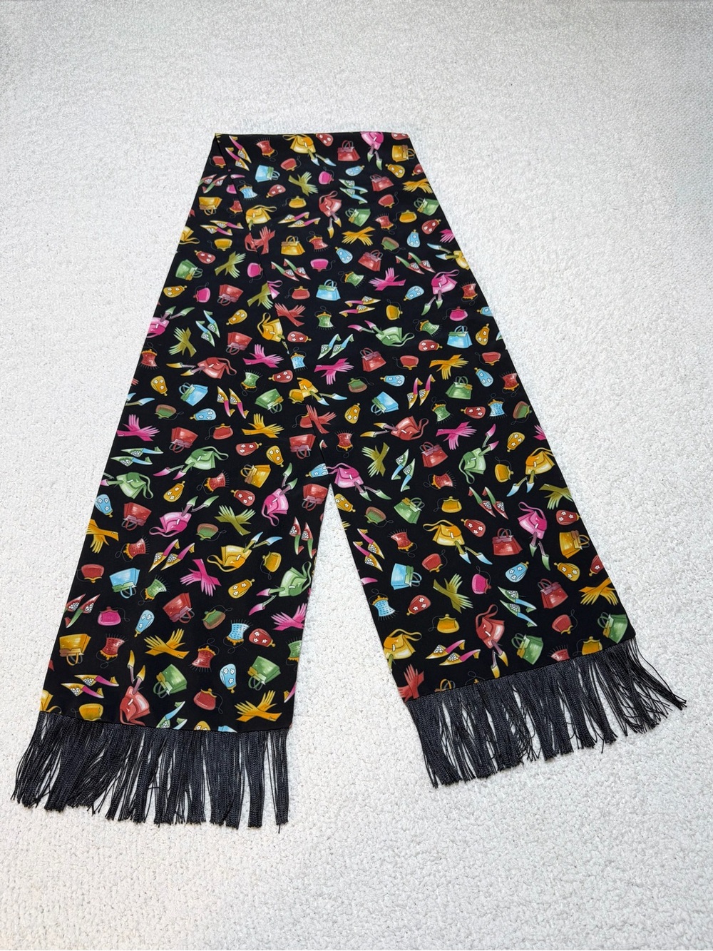 Vintage Nicole Miller Novelty Scarf Fringe Handbags Heels Print